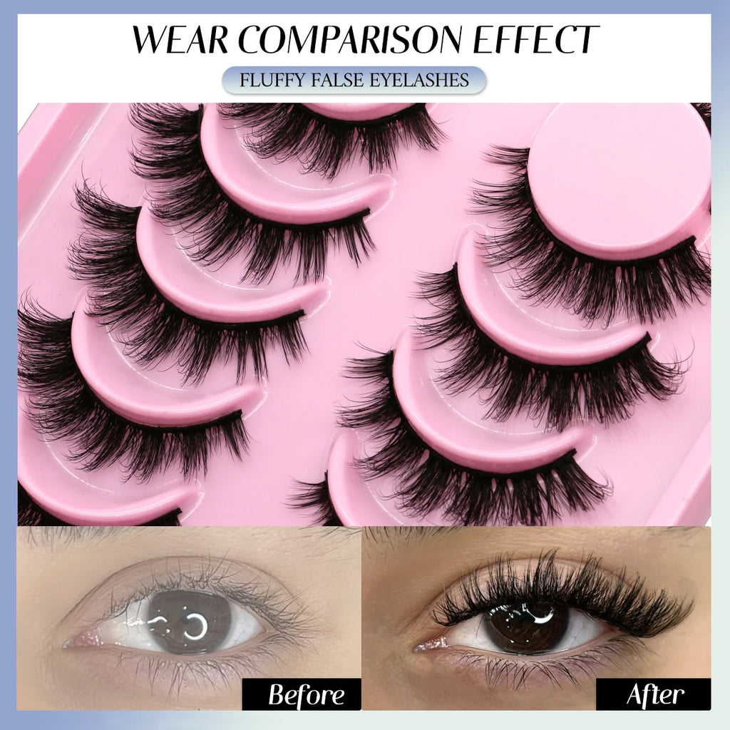 GROINNEYA Fluffy Eyelashes 5/6 Pairs Manga Lashes 3D Natural False Lashes Soft Cross Thick Fluffy Lashes Extension Makeup