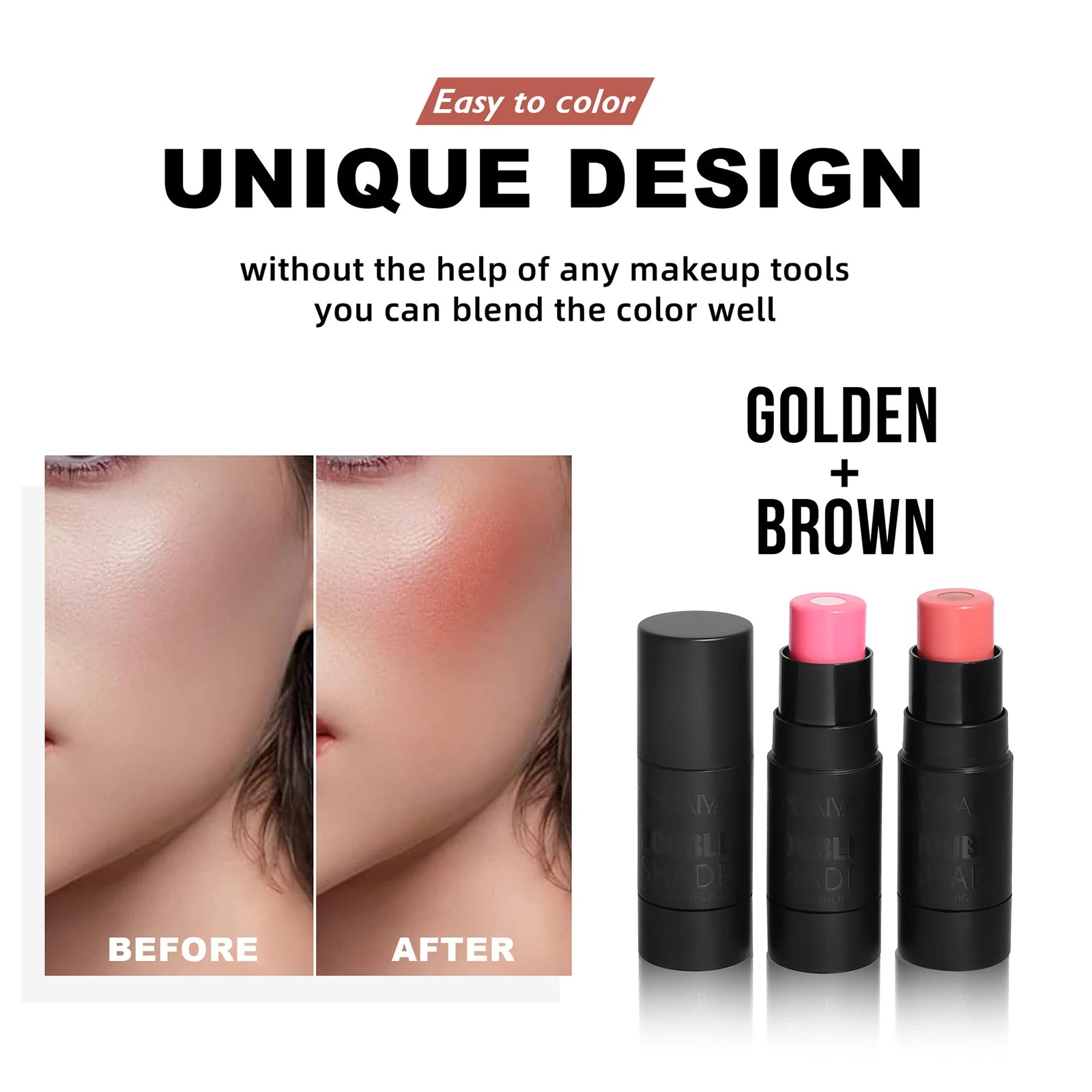 Handaiyan 2 In 1 Matte Glitter Face Blusher Smooth Cheek Velvety Blush Highlighter Stick Rouge Waterproof Contour Makeup