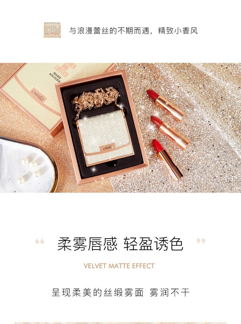 Matte Lipstick Set 3 Colours with Silver Chain Bag Waterproof Non-Stick Long Lasting Red 3.5gx3pcs