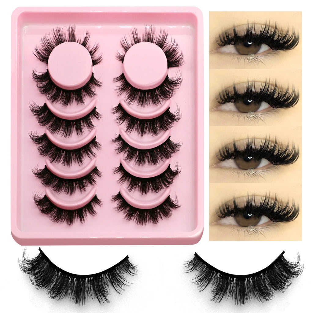 GROINNEYA Fluffy Eyelashes 5/6 Pairs Manga Lashes 3D Natural False Lashes Soft Cross Thick Fluffy Lashes Extension Makeup