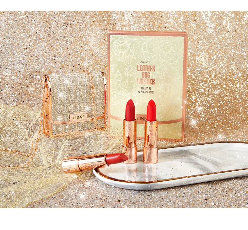 Matte Lipstick Set 3 Colours with Silver Chain Bag Waterproof Non-Stick Long Lasting Red 3.5gx3pcs