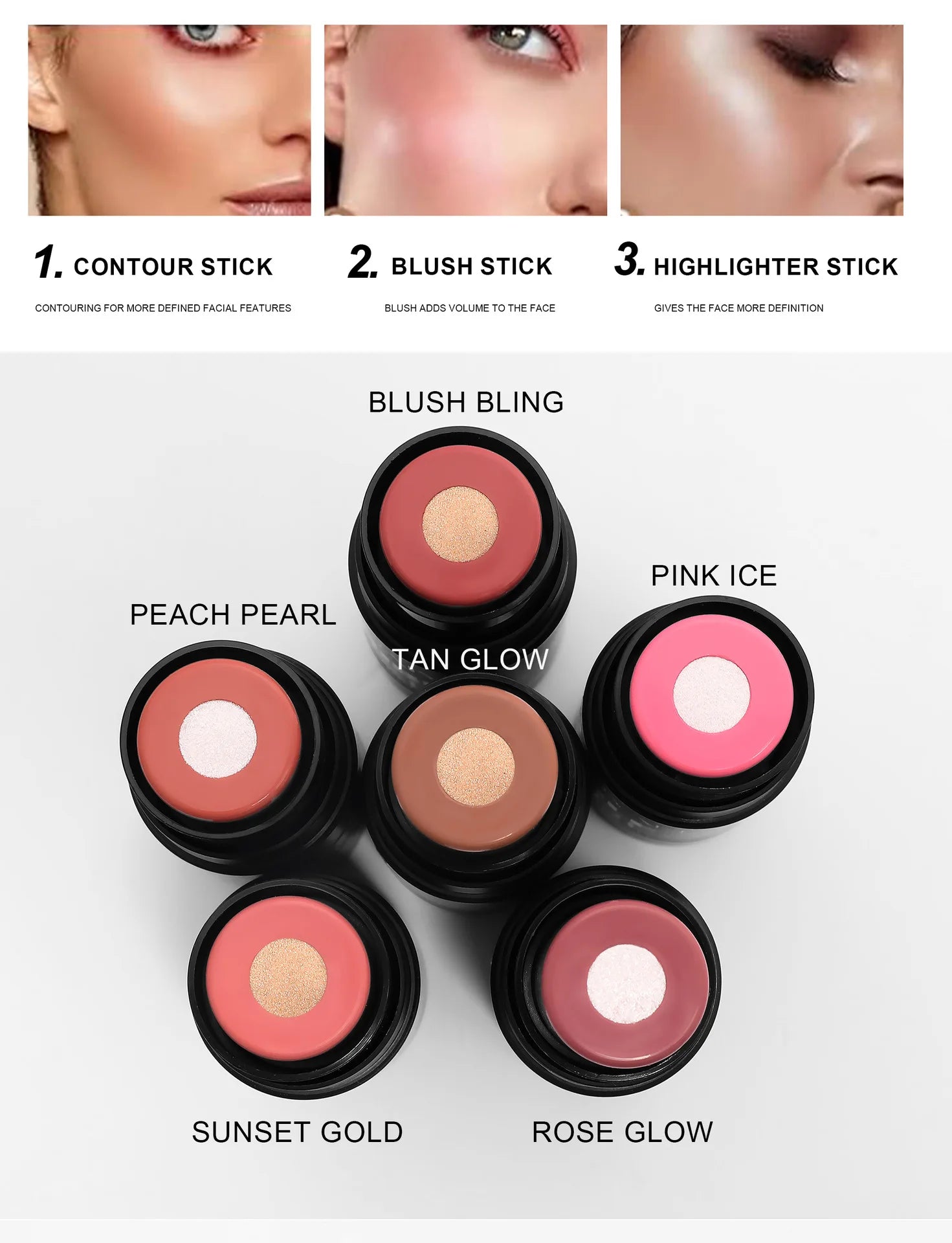 Handaiyan 2 In 1 Matte Glitter Face Blusher Smooth Cheek Velvety Blush Highlighter Stick Rouge Waterproof Contour Makeup
