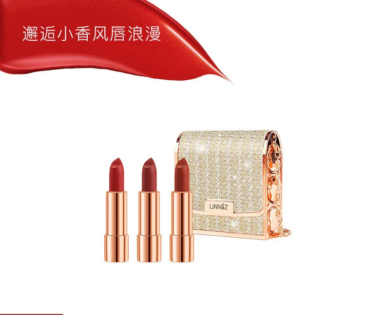 Matte Lipstick Set 3 Colours with Silver Chain Bag Waterproof Non-Stick Long Lasting Red 3.5gx3pcs