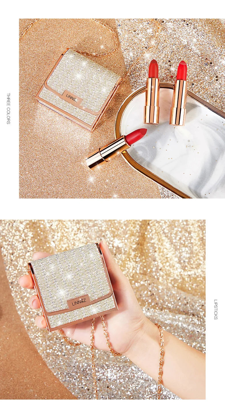 Matte Lipstick Set 3 Colours with Silver Chain Bag Waterproof Non-Stick Long Lasting Red 3.5gx3pcs