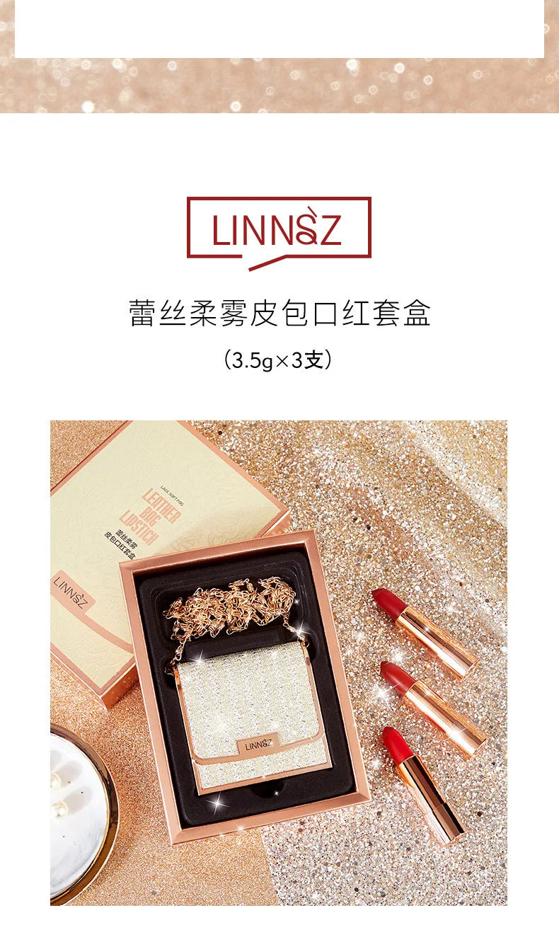 Matte Lipstick Set 3 Colours with Silver Chain Bag Waterproof Non-Stick Long Lasting Red 3.5gx3pcs
