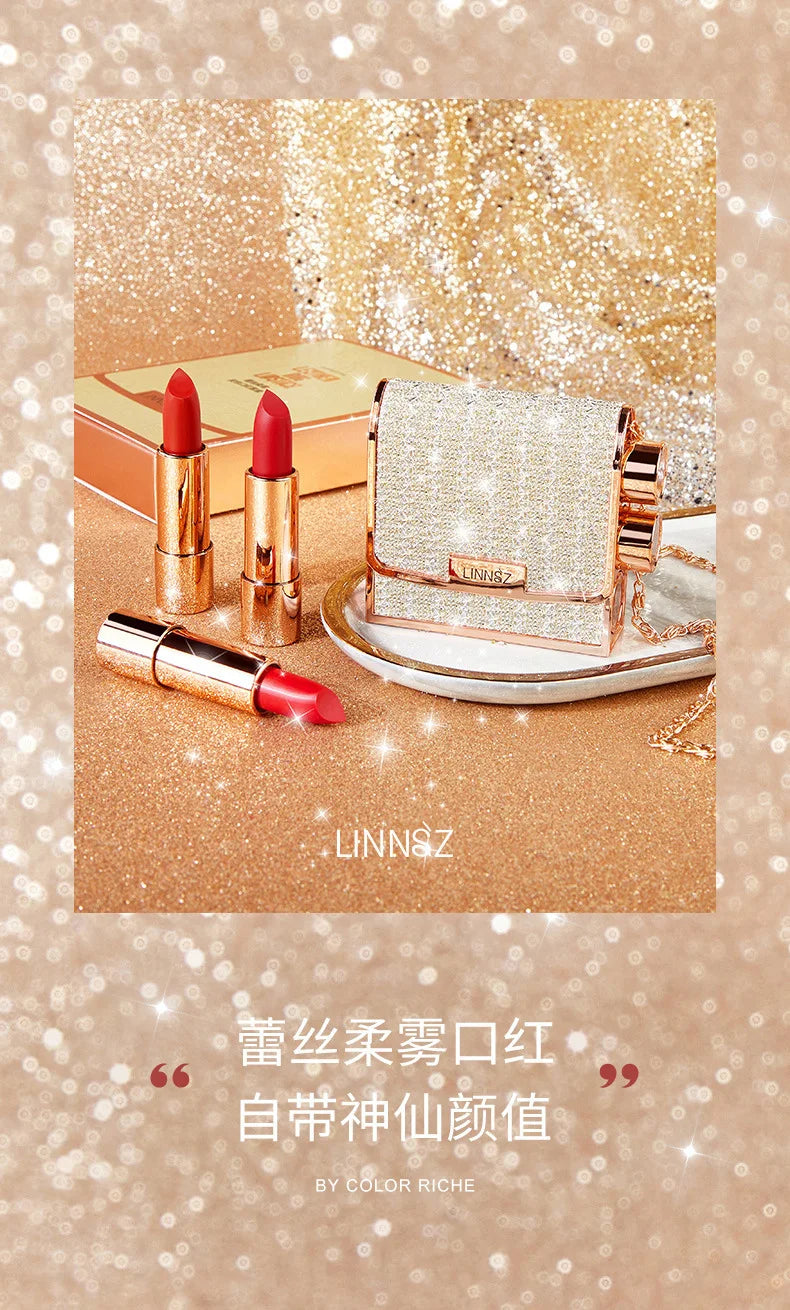 Matte Lipstick Set 3 Colours with Silver Chain Bag Waterproof Non-Stick Long Lasting Red 3.5gx3pcs