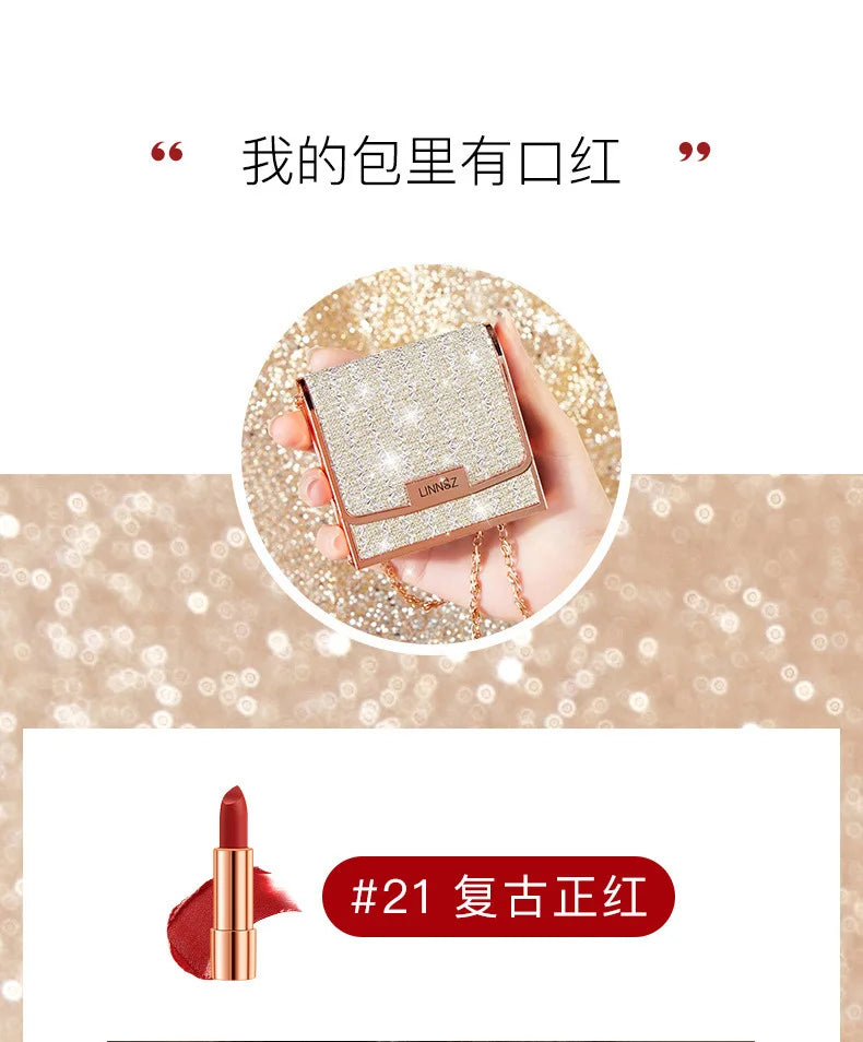 Matte Lipstick Set 3 Colours with Silver Chain Bag Waterproof Non-Stick Long Lasting Red 3.5gx3pcs